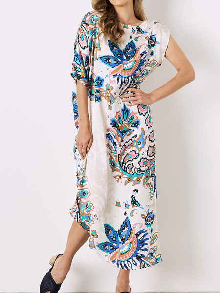 

Paisley Boho Loosen Short Sleeve Woven Dress, White, Maxi Dresses