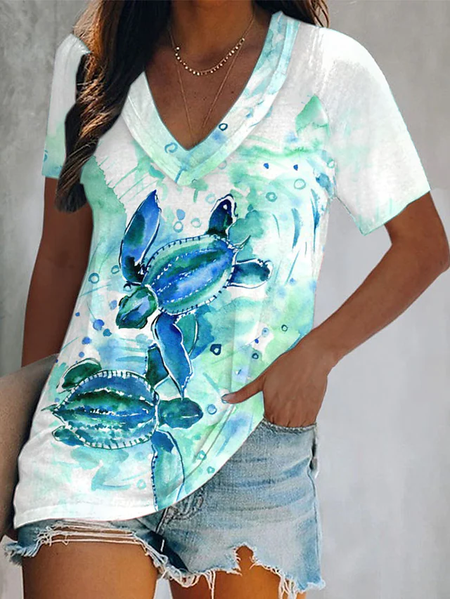 

Sea Animal Casual V Neck Short Sleeve T-Shirt, Aqua blue, T-Shirts