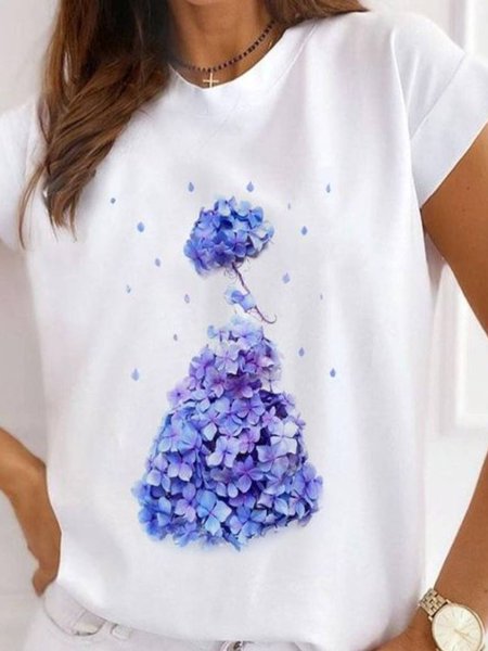 

Floral Casual Short Sleeve T-Shirt, White, T-Shirts