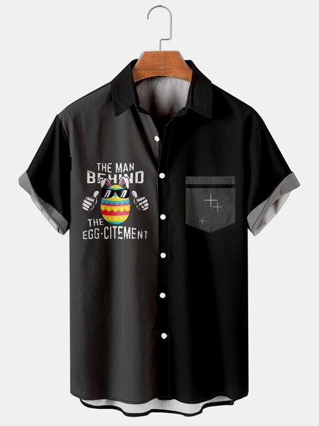 

Casual Festive Collection Easter Bunny Egg And Striped Geometric Lapel Short Sleeve Print Shirt Top, Black, Men's Floral shirt