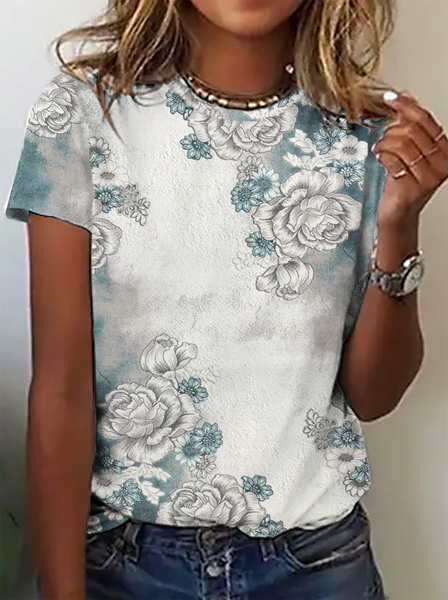 

Plus size Floral Printed Casual Short Sleeve T-Shirt, As picture, T-Shirts