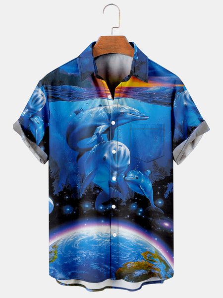 

Casual Style Natural Series Environmental Protection Marine Animal Elements Lapel Short-Sleeved Printed Shirt Top, As picture, Men's Floral shirt