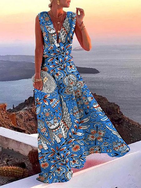 

Boho Floral Deep V A-line Sleeveless Maxi Dress, Blue, Maxi Dresses