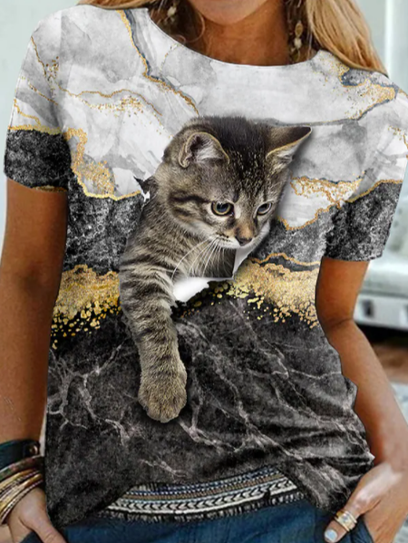 

cat pattern Vintage Short Sleeve T-Shirt, Gray, T-Shirts