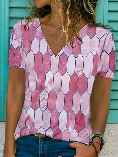 

Casual Loosen V Neck Ombre Geometric Short Sleeve T-Shirt, Flower, T-Shirts