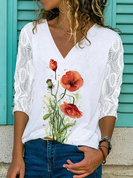 

V Neck Casual Floral Long Sleeve Tops, White, Long Sleeves