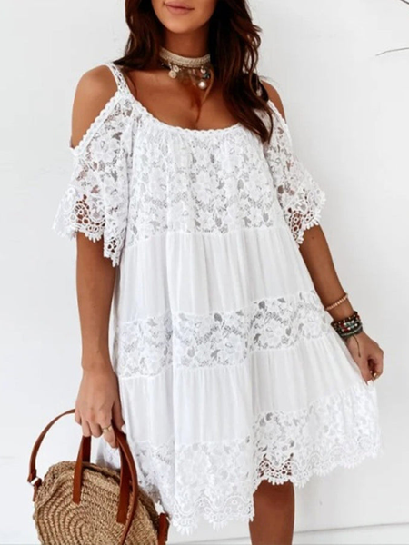 

vacation Lace Short Sleeve plain women Dress, White, Dresses
