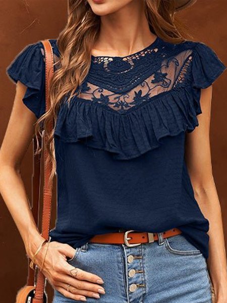 

Elegant Ruched Lace Short Sleeve T-Shirt, Blue, T-Shirts