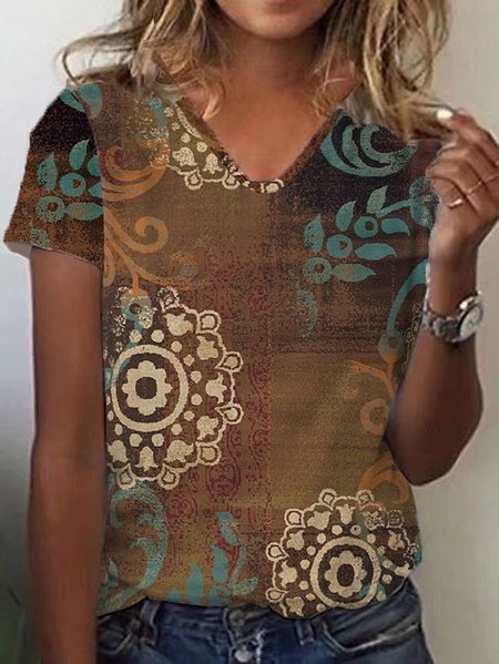 

Floral Casual Cotton Blends Short Sleeve T-Shirt, Coffee, T-Shirts