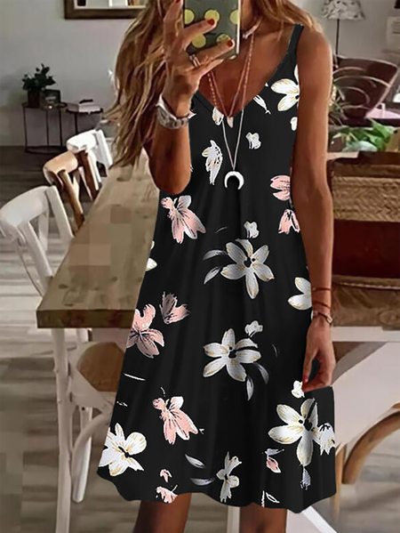 

Plus size Floral Printed Casual Spaghetti Dress, Black, Mini Dresses
