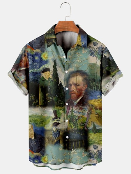 

Casual Style Art Series Oil Painting Elements Lapel Short-Sleeved Printed Shirt Top, As picture, Shirts ＆ Blouse