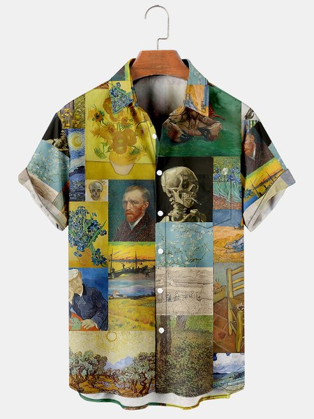 

Casual Style Art Series Oil Painting Elements Lapel Short-Sleeved Printed Shirt Top, As picture, Men's Floral shirt