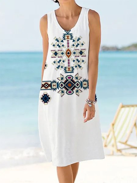 

Casual V Neck Tribal Print Short Sleeve Knee-length Dresses, White, Dresses