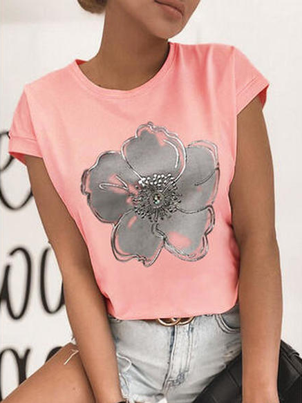

Floral Crew Neck Cotton Blends Short Sleeve T-Shirt, Pink, Tees & T-shirts