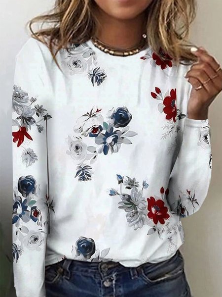 

Round Neck Regular Fit Floral Long Sleeve T-Shirt, White, T-Shirts