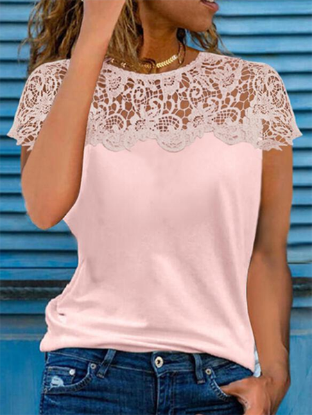 

Plain Lace Crew Neck Casual Short Sleeve T-Shirt, Pink, T-Shirts