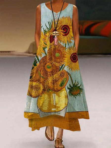 

V Neck Vacation Sunflower Short Sleeve Woven Dress, Yellow, Dresses