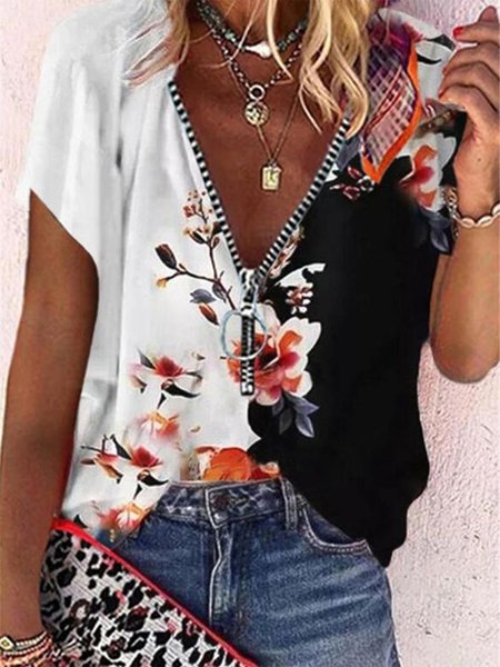 

Floral Casual Zipper Loosen Short Sleeve Tops, Black-white, T-Shirts