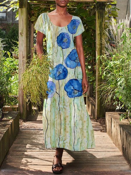 

Regular Fit Floral Short Sleeve Knit Dress, Blue, Dresses