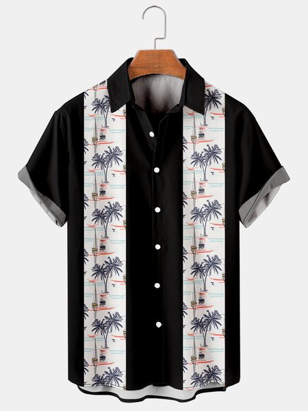 

Mens Coconut Tree Print Casual Breathable Short Sleeve Bowling Shirt, Black, Men's Floral shirt