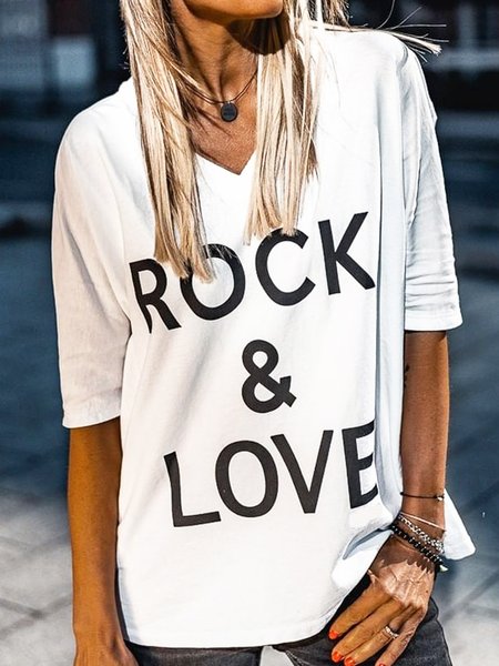 

Letter Loosen V Neck Long Sleeve T-Shirt, White, T-Shirts