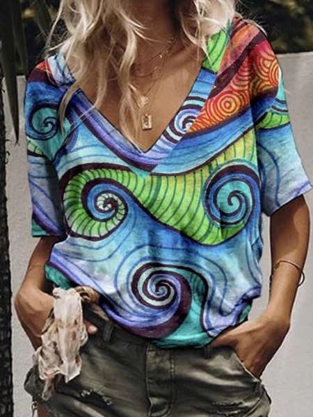 

Casual Loosen Abstract Geometric V Neck Short Sleeve T-Shirt, Flower, T-Shirts