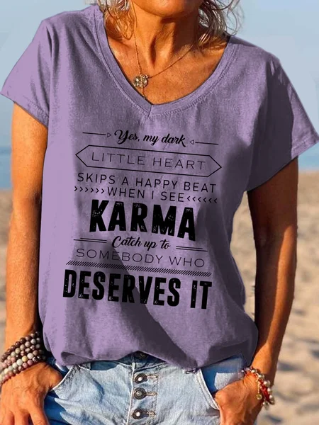 

When I See Karma Funny Print V-neck T-shirt, Purple, T-shirts