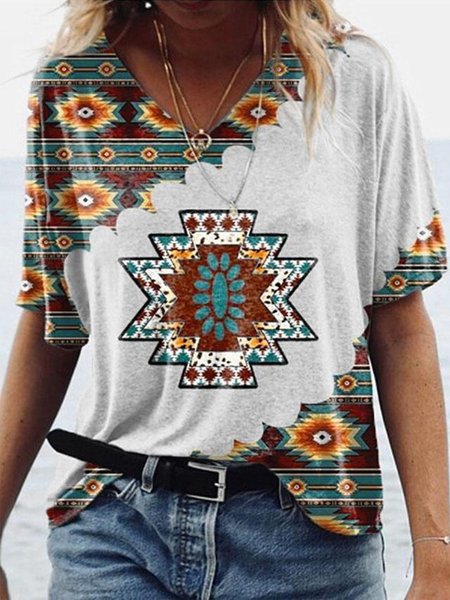 V Neck Tribal Loosen Short Sleeve T-Shirt, Blue, T-Shirts