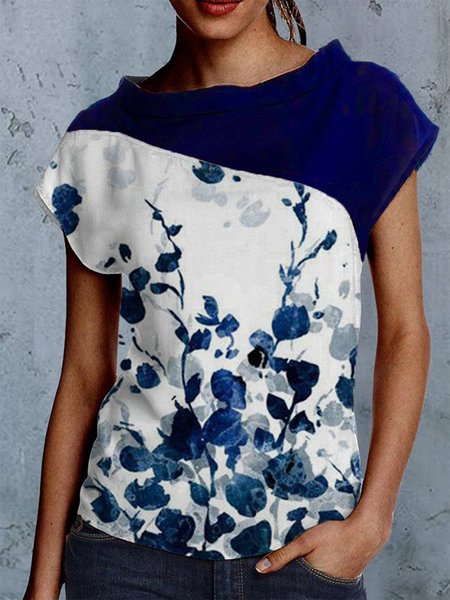 

Color Block Floral Short Sleeve T-Shirt, Blue, T-Shirts