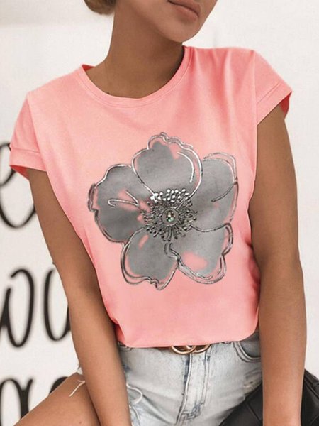 

Casual Floral Short Sleeve T-Shirt, Pink, T-Shirts