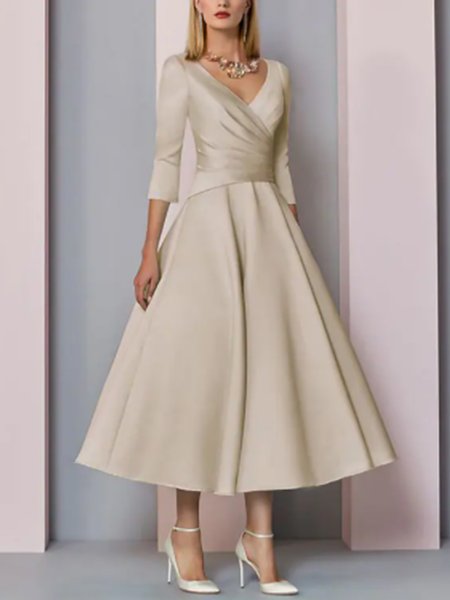 

Elegant Three Quarter V Neck Solid Midi Dress, Champagne, Midi Dresses