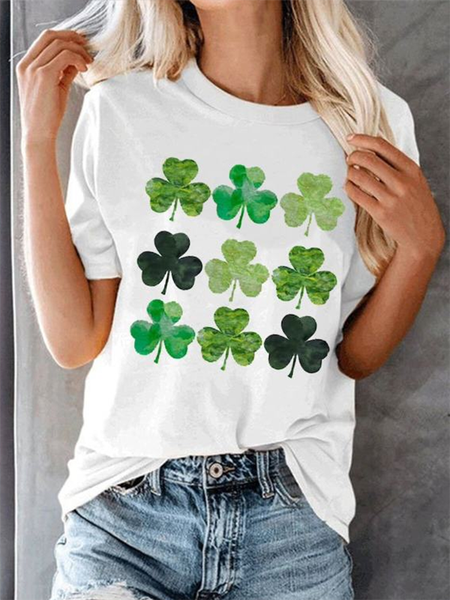 

Crew Neck Shamrock Short Sleeve Casual T-Shirt, White, T-Shirts
