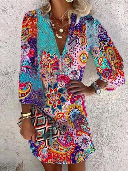 

V Neck Regular Fit Boho Long Sleeve Dress, Multicolor, Mini Dresses