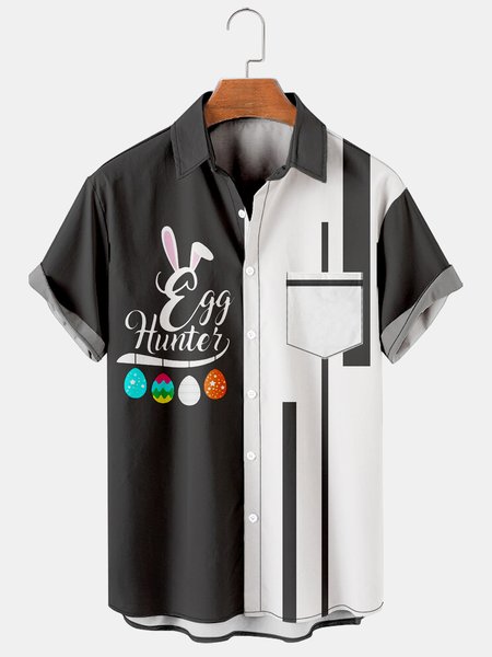 

Casual Festive Collection Easter Bunny Egg And Striped Geometric Lapel Short Sleeve Print Shirt Top, Black, Men's Floral shirt