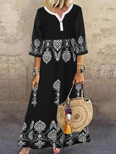 

Loosen Vacation Tribal Notched Short Sleeve Woven Dress, Black, Maxi Dresses