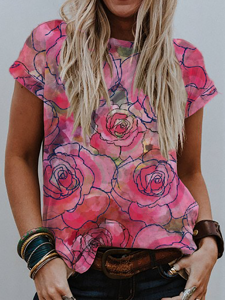 

Plus size Floral Crew Neck Short Sleeve T-Shirt, As picture, T-Shirts