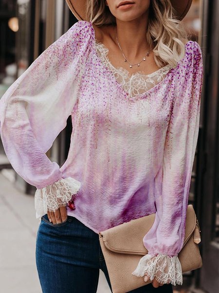 

Lace Stitching Floral Print Spring New Popular Casual Ladies Long Sleeve Top, Multicolor, Long sleeve tops