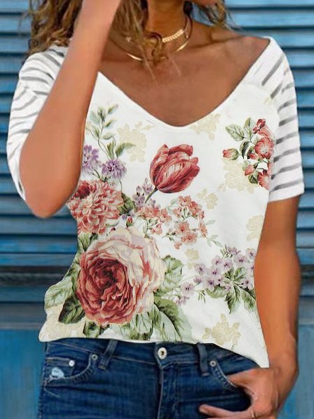 

Loosen Romantic Floral V Neck Raglan Sleeve Short Sleeve T-Shirt, Flower, T-Shirts