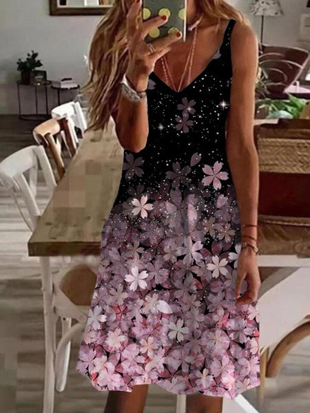 

Casual Floral Sleeveless V Neck Plus Size Printed Dress, Pink, Mini Dresses
