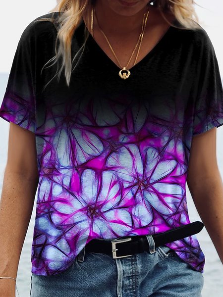 

Casual V Neck Short Sleeve T-Shirt, Black-purple, T-Shirts