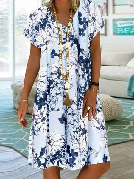 

Vacation Floral Short Sleeve Woven Dress, Light blue, Dresses