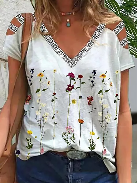 

Plus size Casual Floral Short Sleeve T-Shirt, As picture, T-Shirts