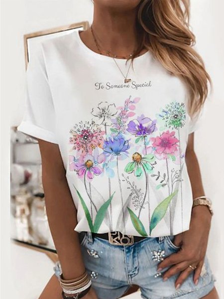 

Floral Printed Romantic Loosen Crew Neck Short Sleeve T-Shirt, White, T-Shirts