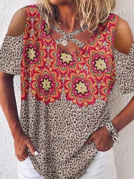 

Loosen Floral Short Sleeve T-Shirt, Red, T-Shirts