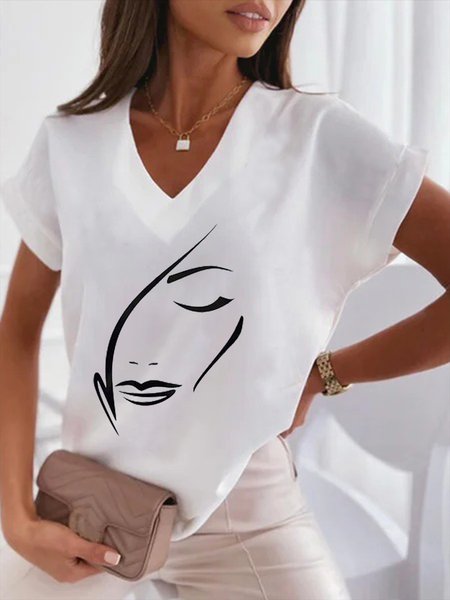 

Casual Abstract V Neck Short Sleeve T-Shirt, White, T-Shirts