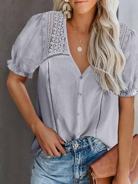 

Floral Lace Elegant Buttoned Short Sleeve Tops, Gray, Blouses & Shirts