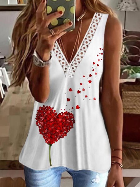 

Casual Heart Sleeveless V Neck Plus Size Printed Tank Top Vests, White, Tank Top