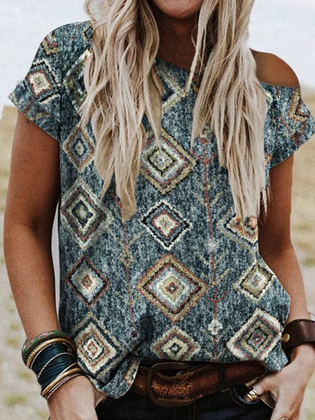 

Geometric Tribal Boho Loosen Boat Neck Short Sleeve T-Shirt, As picture, T-Shirts