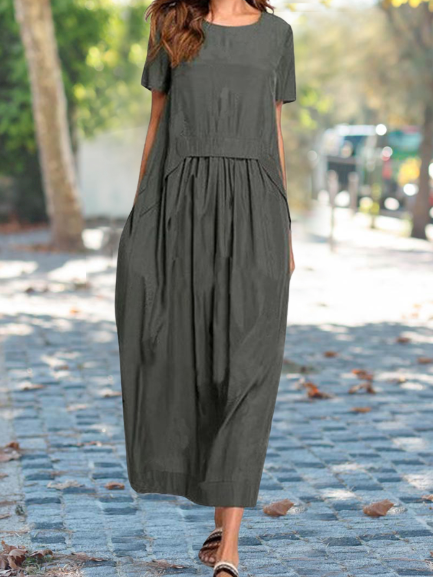 

Solid Crew Neck Short Sleeve Woven Dress, Gray, Dresses