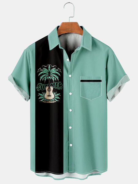 

Resort Style Hawaiian Striped Geometric And Coconut Tree Guitar Elements Lapel Short-Sleeved Printed Shirt Top, As picture, Men's Floral shirt